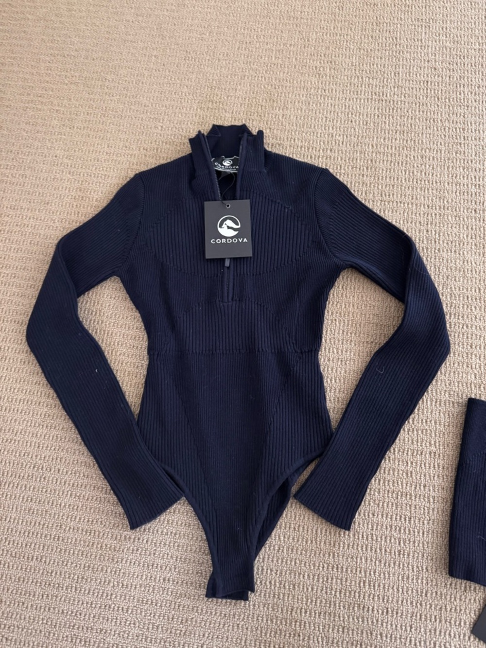 Cordova Navy Ribbed Long-Sleeve Cowl Turtleneck Sweater Bodysuit